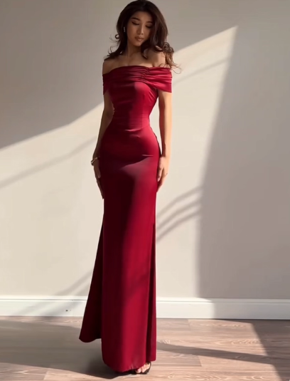 Glam Off-shoulder Sheath Long Prom Dresses  Satin Burgundy Evening Dresses Burgundy Christmas Dresses DP04221