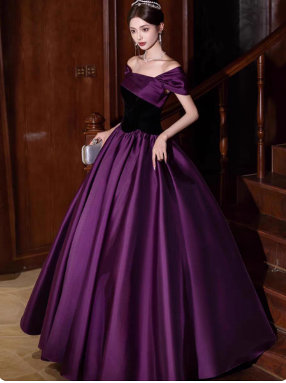 Cute One-shoulder A-Line  Long Prom Dresses Satin Purple Evening Dresses Purple Birthday Dresses DP04224
