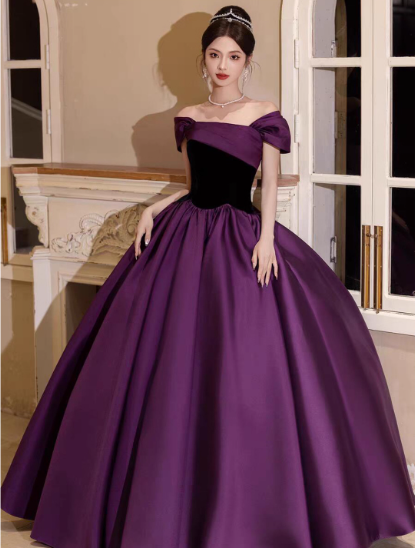 Cute One-shoulder A-Line  Long Prom Dresses Satin Purple Evening Dresses Purple Birthday Dresses DP04224