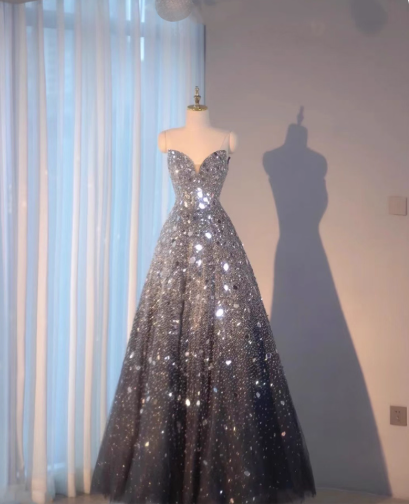 Sparkly Sweetheart A-Line  Long Prom Dresses Mirrows Gray Evening Dresses Sleeveless Christmas Dresses DP04226