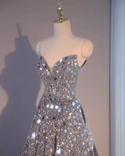 Sparkly Sweetheart A-Line  Long Prom Dresses Mirrows Gray Evening Dresses Sleeveless Christmas Dresses DP04226