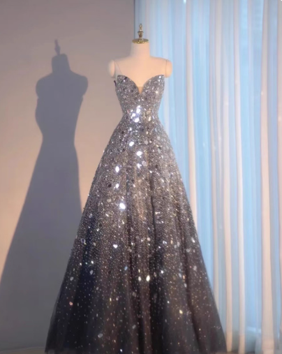 Sparkly Sweetheart A-Line  Long Prom Dresses Mirrows Gray Evening Dresses Sleeveless Christmas Dresses DP04226