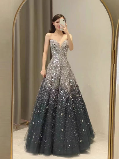 Sparkly Sweetheart A-Line  Long Prom Dresses Mirrows Gray Evening Dresses Sleeveless Christmas Dresses DP04226