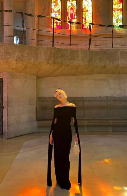 Sparkly Off-shoulder Sheath Long Prom Dresses Chiffon Black Evening Dresses Sleeves Black Christmas Dresses DP04227