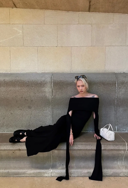 Sparkly Off-shoulder Sheath Long Prom Dresses Chiffon Black Evening Dresses Sleeves Black Christmas Dresses DP04227