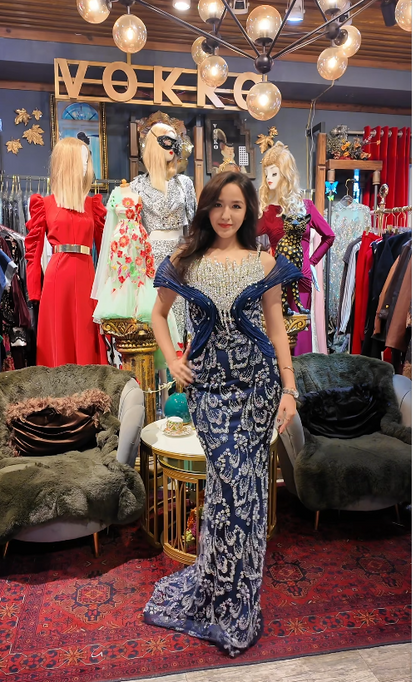 Sparkly Off-shoulder Sheath Long Prom Dresses Beaded Appliques Tulle Navy Blue Evening Dresses Sleeveless Navy Blue Christmas Dresses DP04228