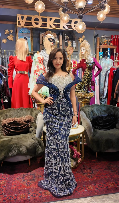 Sparkly Off-shoulder Sheath Long Prom Dresses Beaded Appliques Tulle Navy Blue Evening Dresses Sleeveless Navy Blue Christmas Dresses DP04228