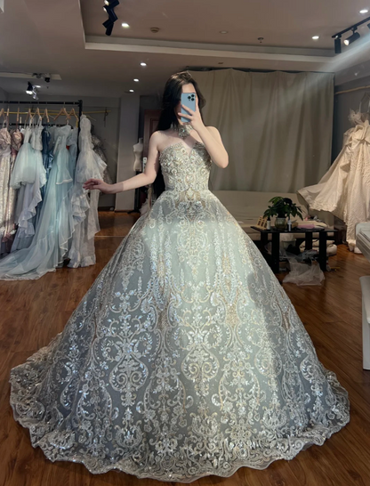 Gorgeous Strapless A-Line Long Prom Dresses Appliques Tulle Soft Green Evening Dresses Sleeveless  Soft Green Birthday Dresses DP04230