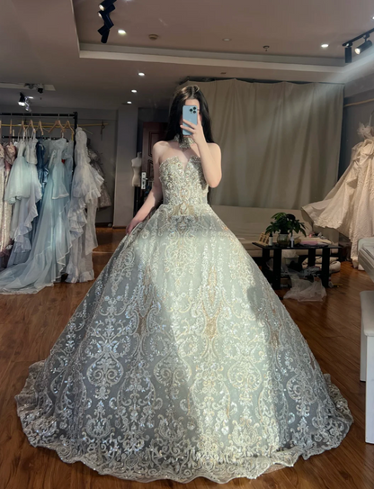 Gorgeous Strapless A-Line Long Prom Dresses Appliques Tulle Soft Green Evening Dresses Sleeveless  Soft Green Birthday Dresses DP04230