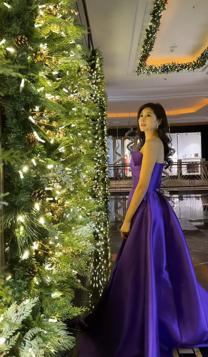Gorgeous Strapless A-Line Long Prom Dresses Satin Purple Evening Dresses Sleeveless Purple Christmas Dresses DP04231