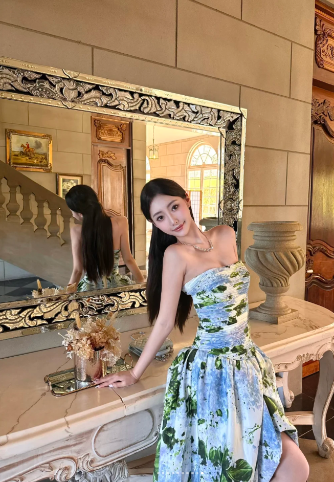 Gorgeous Strapless A-Line Long Prom Dresses Floral Evening Dresses Sleeveless Christmas Dresses DP04232