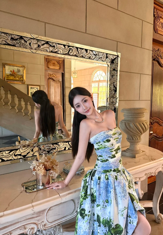 Gorgeous Strapless A-Line Long Prom Dresses Floral Evening Dresses Sleeveless Christmas Dresses DP04232