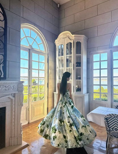 Gorgeous Strapless A-Line Long Prom Dresses Floral Evening Dresses Sleeveless Christmas Dresses DP04232