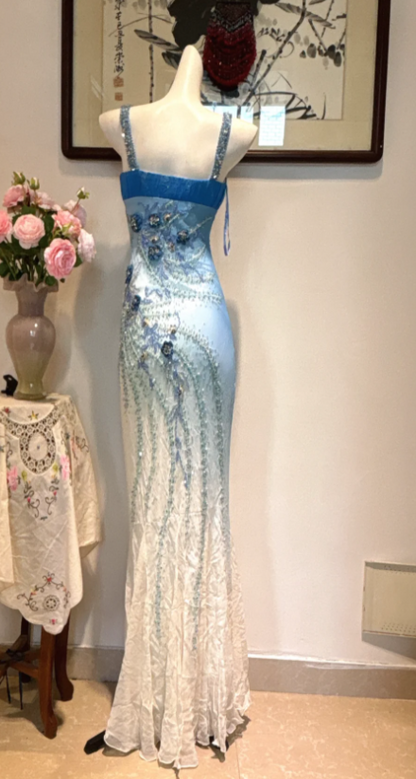 Gorgeous Straps Sheath Long Prom Dresses Beaded Chiffon Blue Evening Dresses Sleeveless Christmas Dresses DP04233