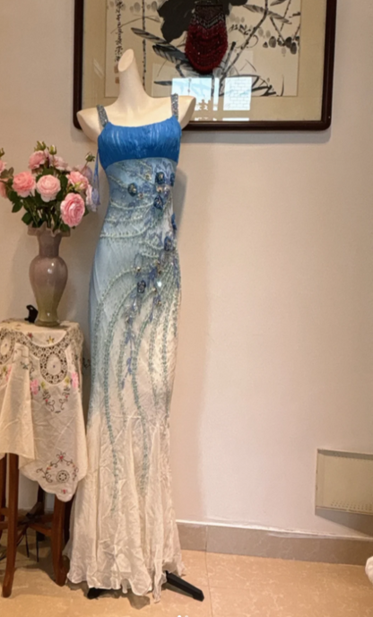 Gorgeous Straps Sheath Long Prom Dresses Beaded Chiffon Blue Evening Dresses Sleeveless Christmas Dresses DP04233