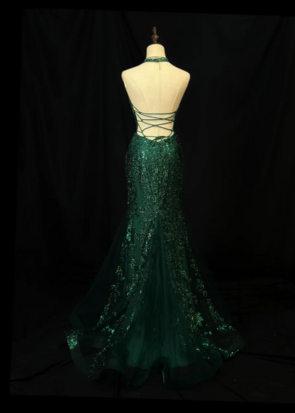 Chic V-Neck Mermaid Long Prom Dresses Sequins Tulle Dark Green Evening Dresses Appliques Sleeveless Christmas Dresses DP04235