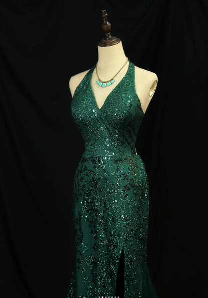 Chic V-Neck Mermaid Long Prom Dresses Sequins Tulle Dark Green Evening Dresses Appliques Sleeveless Christmas Dresses DP04235