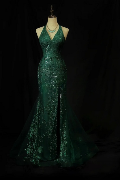 Chic V-Neck Mermaid Long Prom Dresses Sequins Tulle Dark Green Evening Dresses Appliques Sleeveless Christmas Dresses DP04235