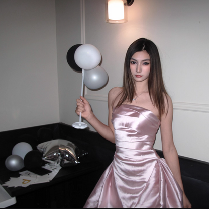 Chic A-Line Short Prom Dresses Satin Pink Evening Dresses  Sleeveless Christmas Dresses DP04237