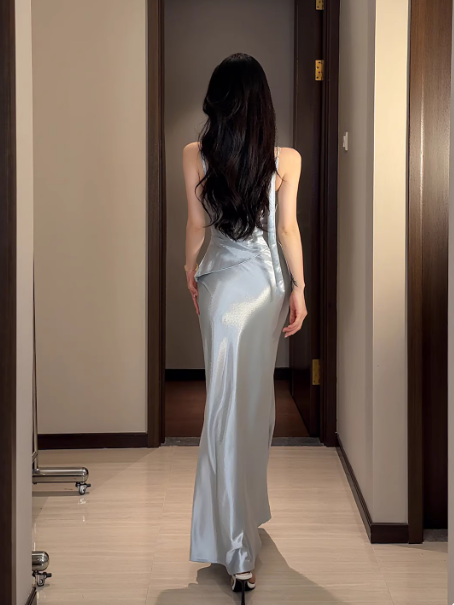 Chic Spaghetti Straps Sheath Long Prom Dresses Satin Off-White Birthday Dresses Sleeveless Party Dresses DP04240