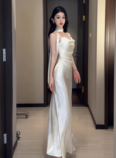 Chic Spaghetti Straps Sheath Long Prom Dresses Satin Off-White Birthday Dresses Sleeveless Party Dresses DP04240