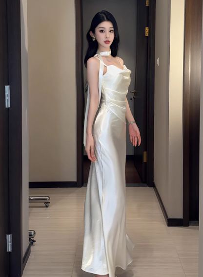 Chic Spaghetti Straps Sheath Long Prom Dresses Satin Off-White Birthday Dresses Sleeveless Party Dresses DP04240