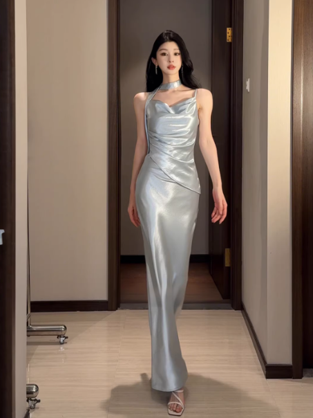 Chic Spaghetti Straps Sheath Long Prom Dresses Satin Off-White Birthday Dresses Sleeveless Party Dresses DP04240