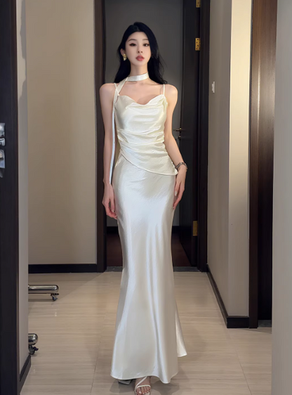 Chic Spaghetti Straps Sheath Long Prom Dresses Satin Off-White Birthday Dresses Sleeveless Party Dresses DP04240