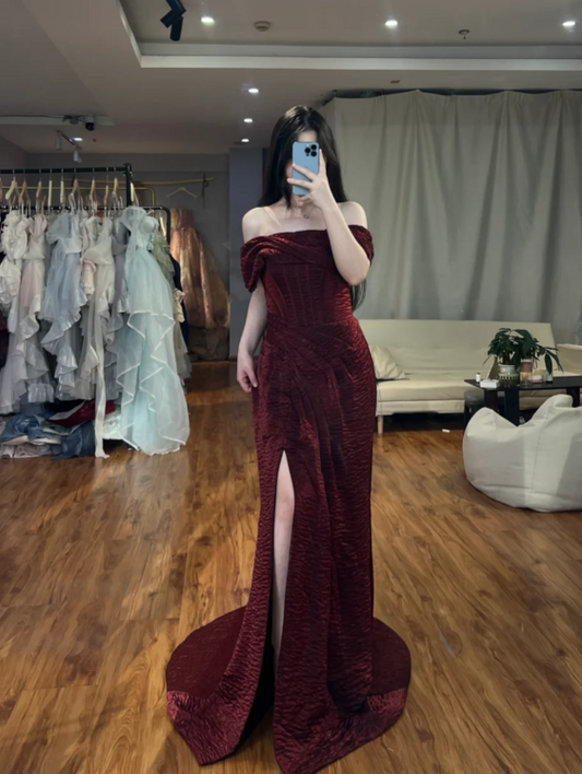 Sexy Off-shoulder Sheath Long Prom Dresses Velvet Burgundy Birthday Dresses Christmas Dresses with Slit DP04242