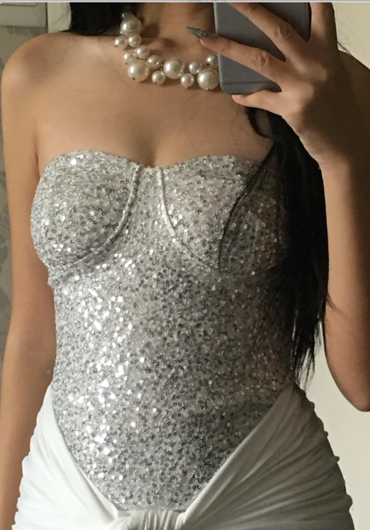 Sexy Strapless Sheath Long Prom Dresses Sequins Chiffon White Birthday Dresses Sleeveless Party Dresses  DP04244