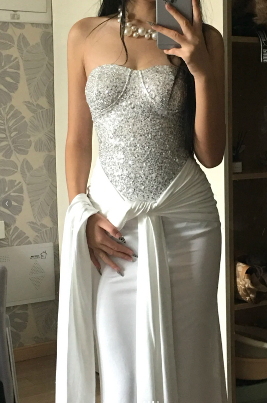 Sexy Strapless Sheath Long Prom Dresses Sequins Chiffon White Birthday Dresses Sleeveless Party Dresses  DP04244