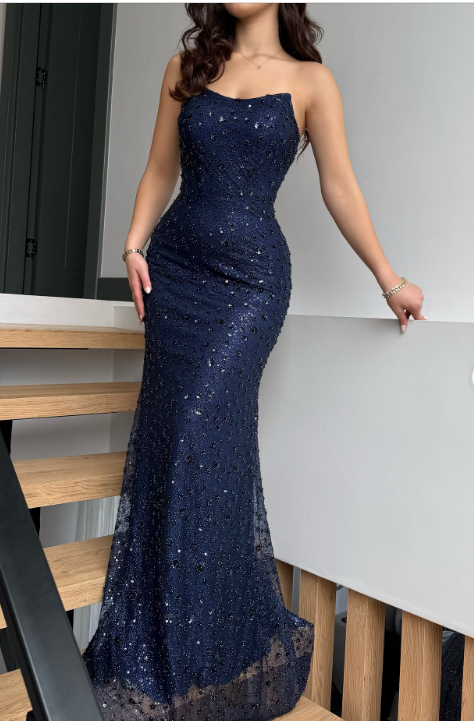 Elegant Strapless Sheath Long Prom Dresses Navy Blue Evening Dresses Sequins Tulle Sleeveless Wedding Guest Dresses DP04256