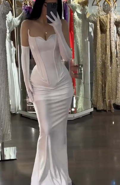 Elegant Strapless Sheath Long Prom Dresses Satin White Evening Dresses   Sleeveless Formal Dresses DP04257