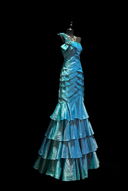 Elegant One-shoulder Mermaid Long Prom Dresses Satin Blue Evening Dresses Sleeveless Formal Dresses DP04258