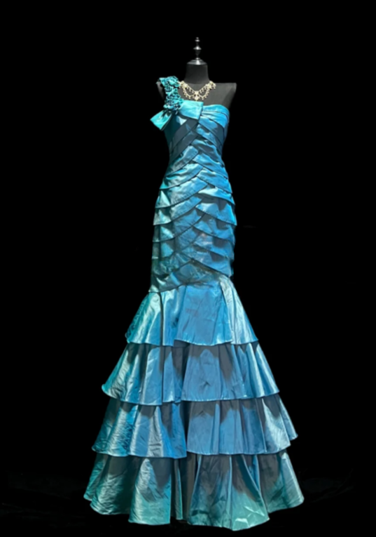 Elegant One-shoulder Mermaid Long Prom Dresses Satin Blue Evening Dresses Sleeveless Formal Dresses DP04258