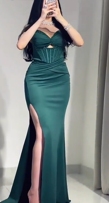Elegant Sweetheart Sheath Long Prom Dresses Satin Dark Green Wedding Guest Dresses DP04263