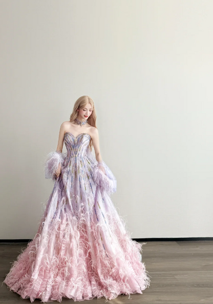 Elegant Sweetheart A-line Long Prom Dresses Tulle Sequins Pink Birthday Dresses Sleeveless Christmas Party Dresses DP04263