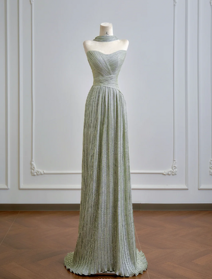 Elegant Strapless A-line Long Prom Dresses Chiffon Green Birthday Dresses Sleeveless Christmas Party Dresses DP04264