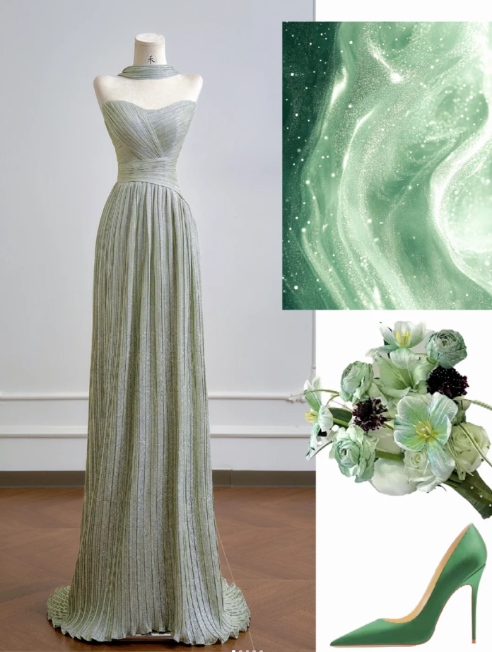 Elegant Strapless A-line Long Prom Dresses Chiffon Green Birthday Dresses Sleeveless Christmas Party Dresses DP04264