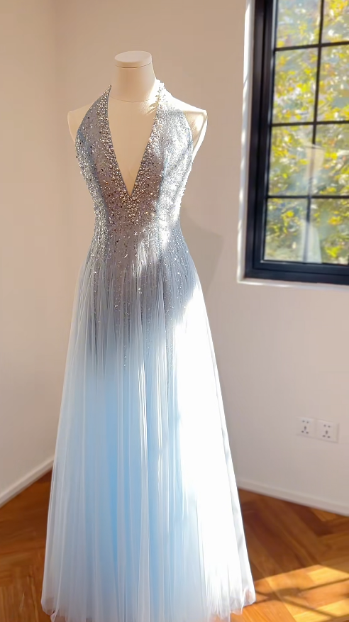 Fairy Halter A-line Long Prom Dresses Tulle Beaded Blue Birthday Dresses Sleeveless Christmas Party Dresses DP04265