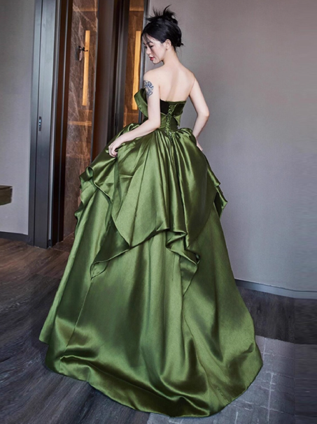 Elegant Off-shoulder A-Line Long Prom Dresses Satin Sleeveless  Evening Dresses Green Sweet 16 Dresses DP04269