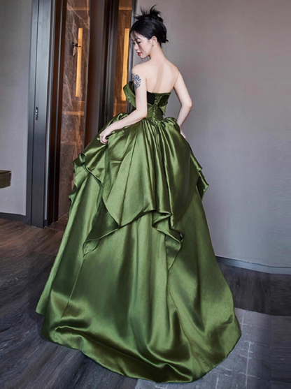 Elegant Off-shoulder A-Line Long Prom Dresses Satin Sleeveless  Evening Dresses Green Sweet 16 Dresses DP04269
