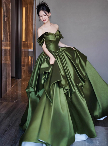 Elegant Off-shoulder A-Line Long Prom Dresses Satin Sleeveless  Evening Dresses Green Sweet 16 Dresses DP04269