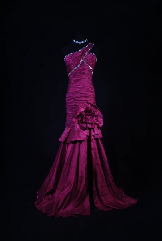 Elegant One-shoulder Sheath Long Prom Dresses Beaded Satin Fuchsia Evening Dresses Sleeveless Birthday Dresses  DP04271