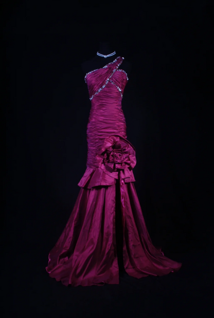 Elegant One-shoulder Sheath Long Prom Dresses Beaded Satin Fuchsia Evening Dresses Sleeveless Birthday Dresses  DP04271