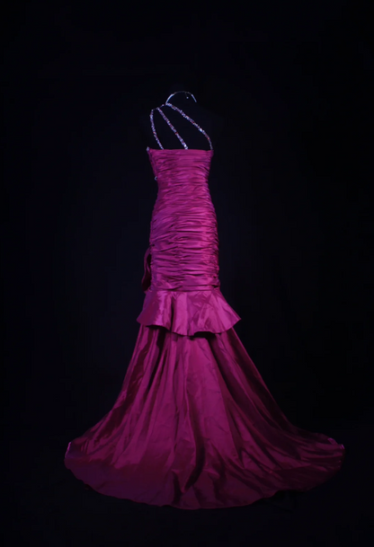 Elegant One-shoulder Sheath Long Prom Dresses Beaded Satin Fuchsia Evening Dresses Sleeveless Birthday Dresses  DP04271