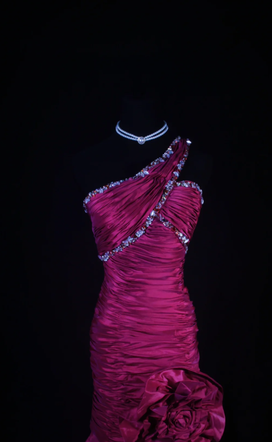 Elegant One-shoulder Sheath Long Prom Dresses Beaded Satin Fuchsia Evening Dresses Sleeveless Birthday Dresses  DP04271