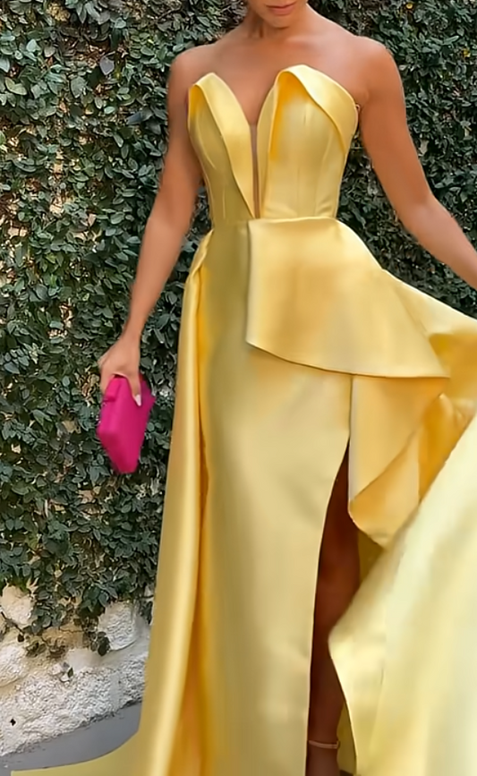 Elegant Sweetheart  Sheath Long Prom Dresses Beaded Satin Yellow Party Dresses with Slits Sleeveless Evening Dresses    DP04272