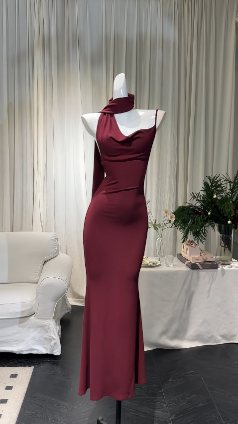 Elegant Spaghetti Straps Sheath Long Prom Dresses Chiffon Burgundy Evening Dresses Sleeveless Burgundy Christmas Dresses DP04273