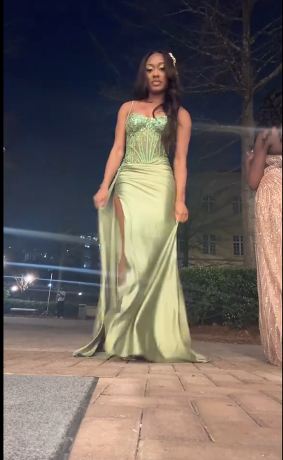 Chic Spaghetti Straps Sheath Long Prom Dresses Satin Beaded Green Evening Dresses Sleeveless Party Dresses with Slit DP04274